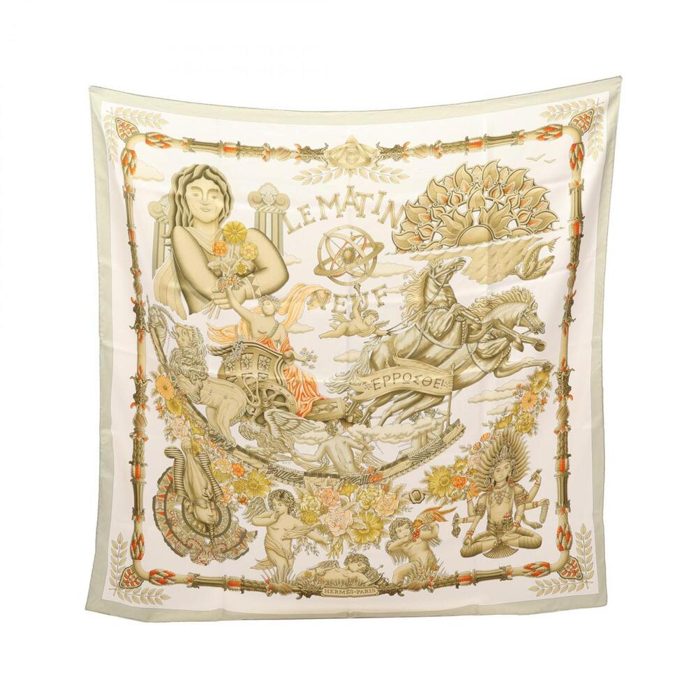 Hermes HERMES Carre 90 LE MATIN NEUF Scarf Muffler Silk Women's White Multicolor